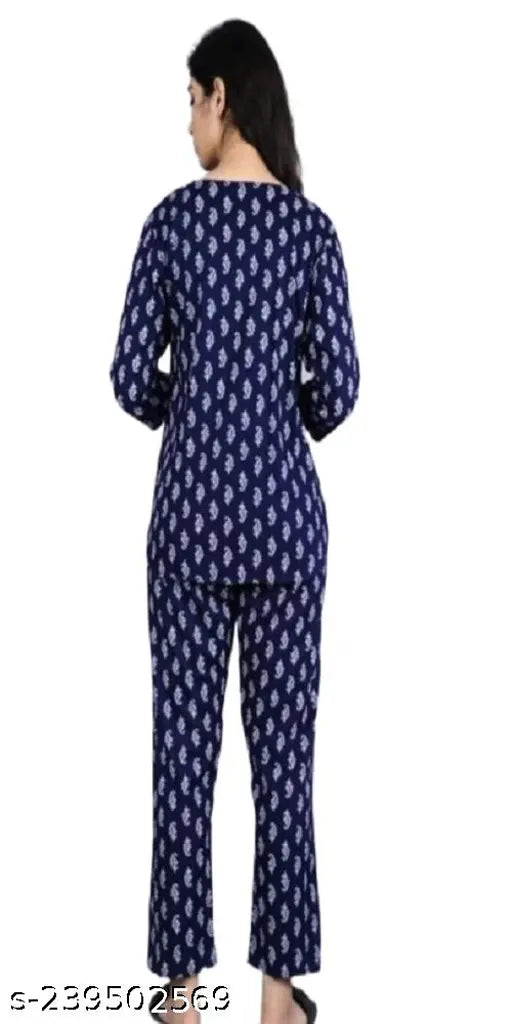 Dark blue rayon night suit, printed net pyjamas with three-quarter sleeves - JALSHA ethnic collection from India