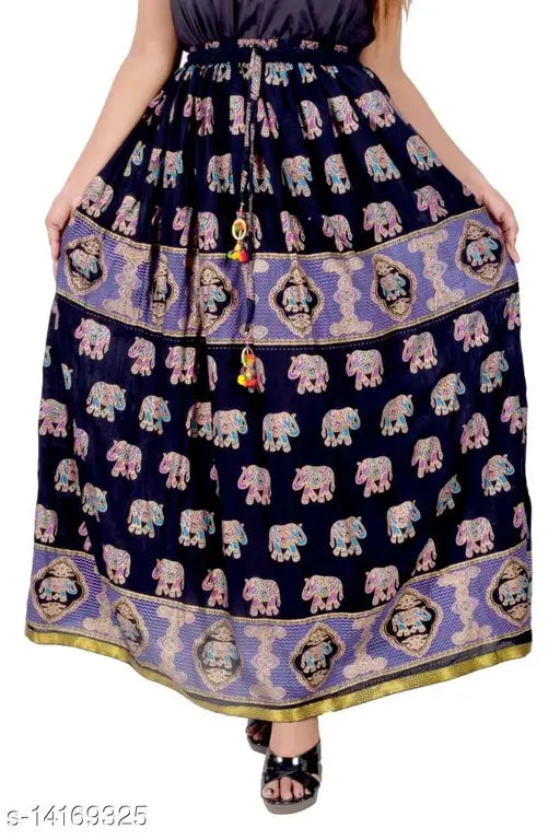 Black rayon flared skirt with elephant print