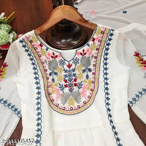 Pearl White Georgette Embroidered Suit from XLady's SuperHit Collection, S size (Bust 36in, Length 50in)