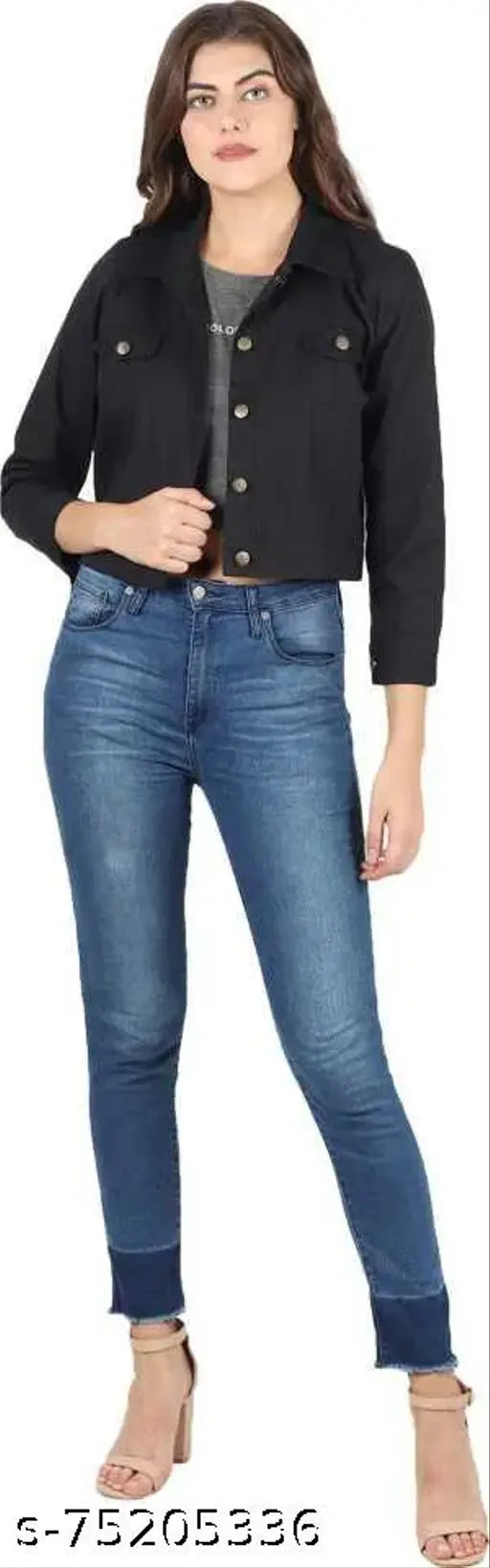 Black denim women's jacket, long sleeves, solid pattern, classic style