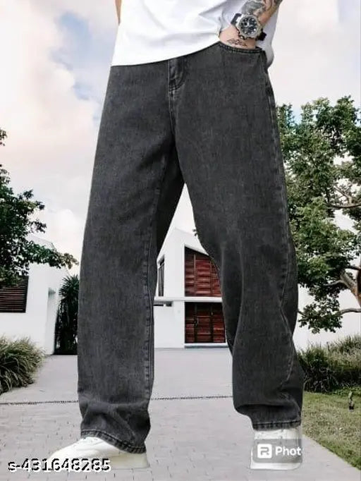 Mens loose baggy denim Zeera wash, solid net fabric, size 28 (29waist/40length/35hip), India-made men's denim jeans on hanger
