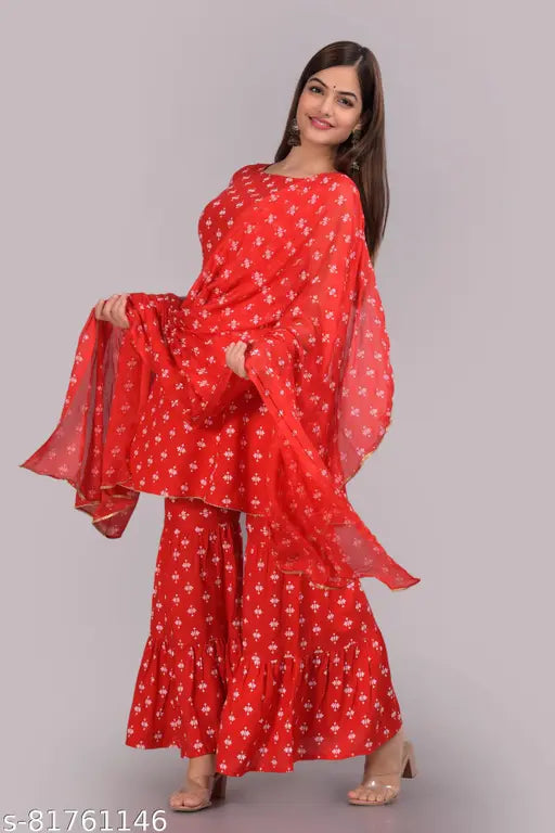Red butterfly dupatta set with matching long skirt, perfect for weddings and special occasions