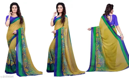 Georgette sari, unstitched blouse, light yellow border