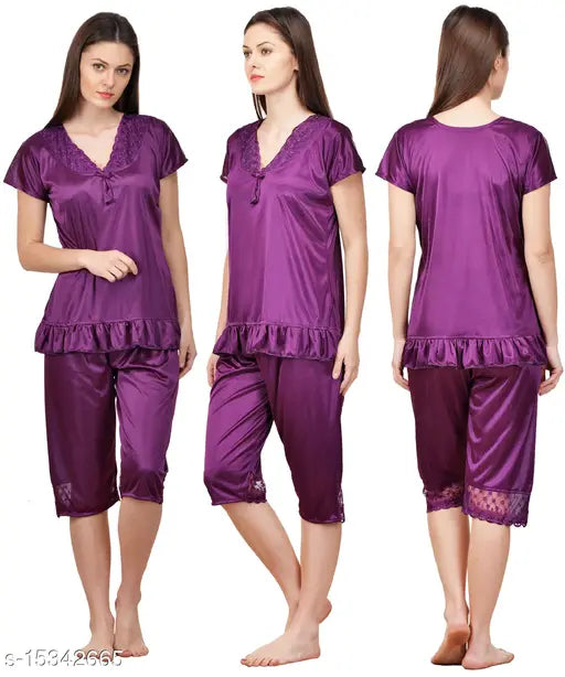 Trendy women's satin nightsuit set with short sleeves, free size (36in top bust, 32in bottom waist), solid-colored Indian-made pyjamas on hanger