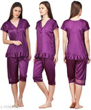 Trendy women's satin nightsuit set with short sleeves, free size (36in top bust, 32in bottom waist), solid-colored Indian-made pyjamas on hanger