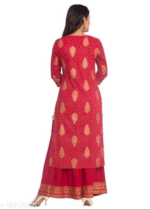 Women's printed festive wear rayon slub kurta set with sharara palazzos, three-quarter sleeves, Indian origin