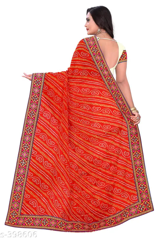 Bright red and beige Georgette saree with paisley design