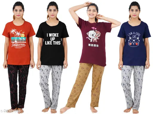 Beautiful cotton nightsuit set with short sleeves, printed pattern, available in sizes M, L, XL, XXL, 3XL. Origin: India