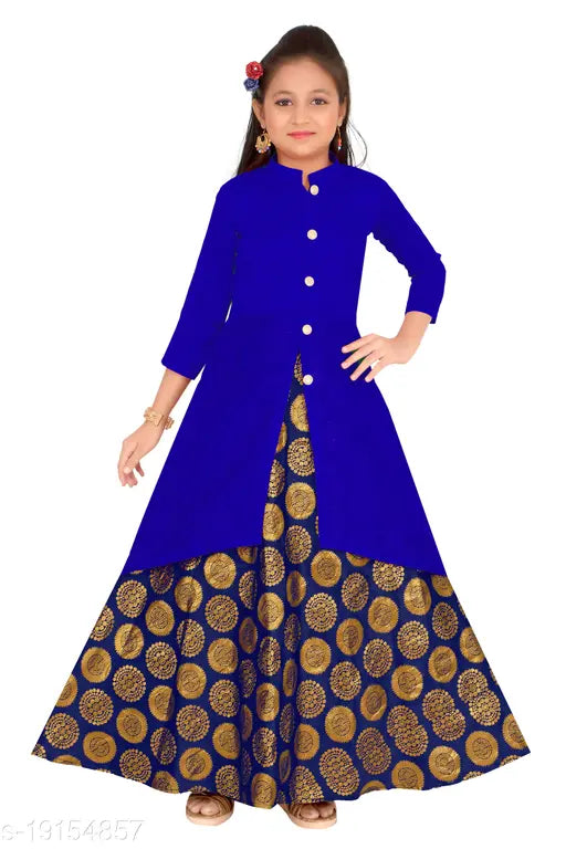 Girls pack of 2, jacquard lehengas in art silk with three-quarter sleeves, solid pattern and stitched net. Indian traditional wear for girls aged 4-15 years
