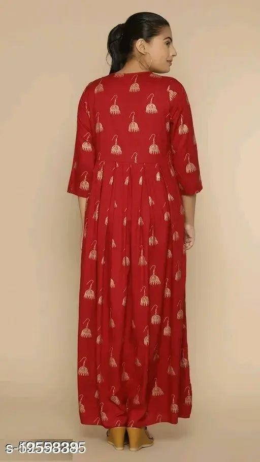 Maroon rayon gown with gold printed kurta, three-quarter sleeves, Indian fashion on model