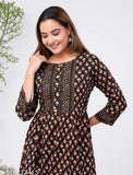 Black Rayon Printed Anarkali Kurti, stylish three-quarter sleeve, multicolor floral pattern for women