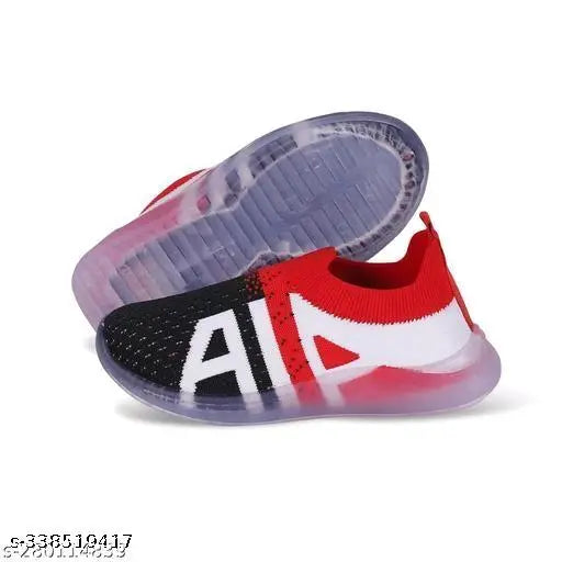 Child's red, white and black sneakers with LED lights on soles
