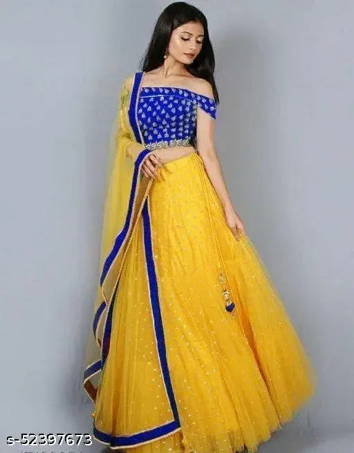 Trendy yellow satin net lehenga choli with embroidered blouse and lace dupatta for women, semi-stitched (LW42, LL44, DL2m), India origin
