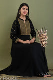 Black rayon zari embroidered Anarkali Kurti by Faheeman Garments. Women's three-quarter sleeve, solid black outfit suitable for various occasions. Made in India