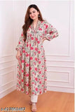 Rayon Alia Cut Kurta Pant Set with Printed Net, three-quarter sleeves, breathable, comfortable, easy to wash - Indian fashion for women