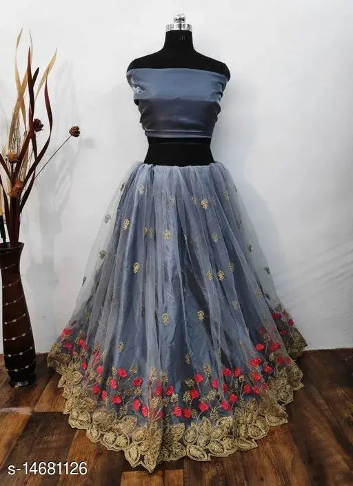 Beautiful women's unstitched taffeta silk lehenga with net bottom, embroidered choli and dupatta, length 40 inches, Indian origin