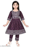 Printed nayra set for kids girls, rayon slub A-line top with dhoti pants, solid pattern and three-quarter sleeves. Indian Leone fabric, size options from 0-1 years to 10-11 years