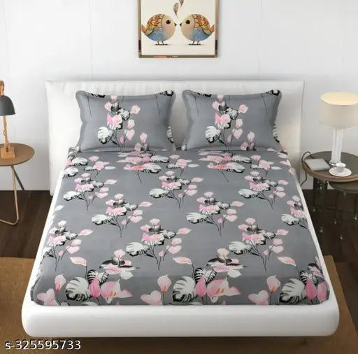 White glace cotton floral double queen bedsheet set with matching pillows, heavy quality, ideal for living room or bedroom