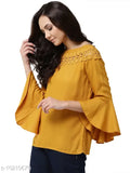 Mustard yellow viscose rayon solid top for women, three-quarter sleeves, XS-XXXL sizes available, India origin