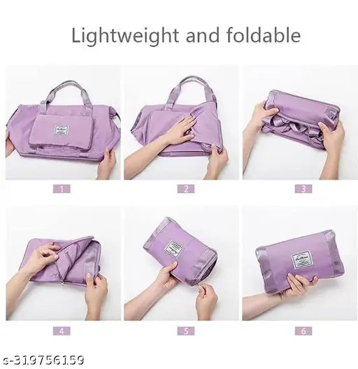 Purple folding travel duffle bag with shoulder strap for women's shopping luggage