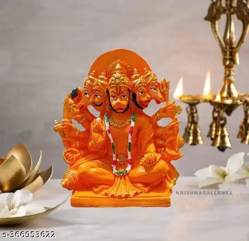 Orange polyresin Panchmukhi Hanuman idol for home decor, long-lasting colors, great for gifting and pooja, dimensions: 15cm H x 13cm L x 8cm W