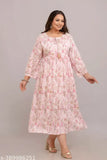 Pink rayon gown, fashionable three-quarter sleeves printed dress, Indian women's clothing for weddings & parties (XXXL, 4XL, 5XL, 6XL, 7XL, 8XL, 9XL, 10XL)