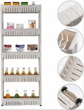 Modern white 5-tier slim kitchen organizer rack, with wheels for easy movement and clear glass shelves with metal brackets