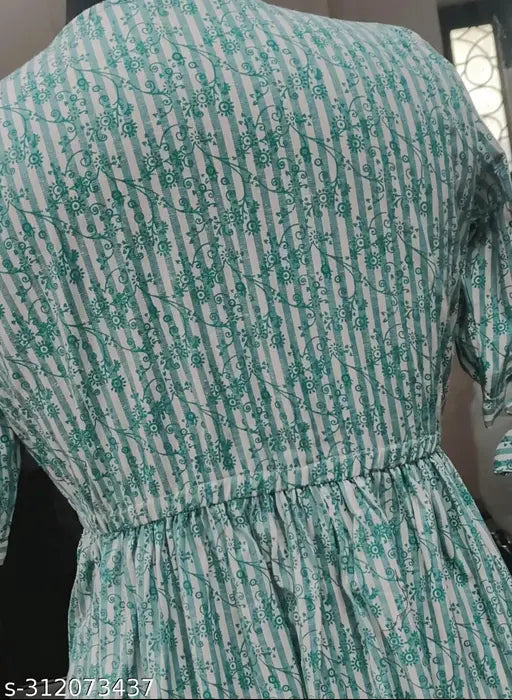 Women's green cotton calf-length dress, three-quarter sleeves, fit and flare, printed combo on Indian fabric