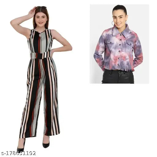 Striped crepe jumpsuit with sleeveless jacket - versatile Indian fashion piece set