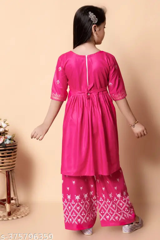 Pink Rayon 3/4 Naira Cut Kurta, printed net pattern for kids, three-quarter sleeves style, sizes from 5-12 years
