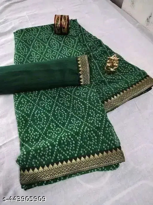 Maharani Bandhani Saree in blue fabric, unstitched blouse piece