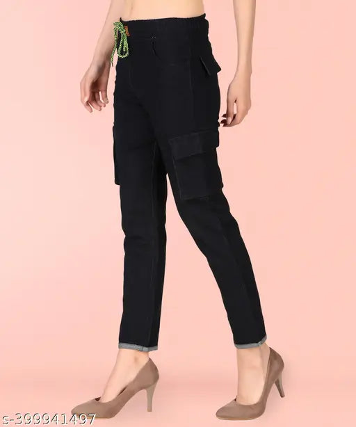 Black stretchable premium denim cargo pants for women, baggy jeans with high waist and elastic waist, ankle cuff, plus size, mid-waist