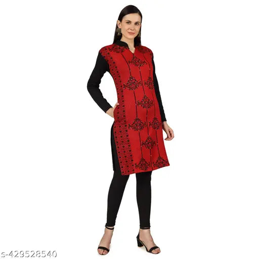 Red woolen kurti, traditional embroidered design, women's fashion