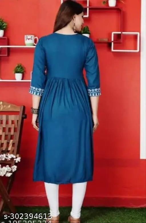 Embroidered rayon anarkali kurti for women, wine colored, three-quarter sleeves