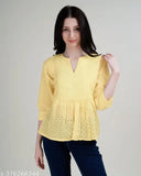 Yellow pure cotton Schiffli top with three-quarter sleeves, intricate embroidery, Indian handcrafted western wear