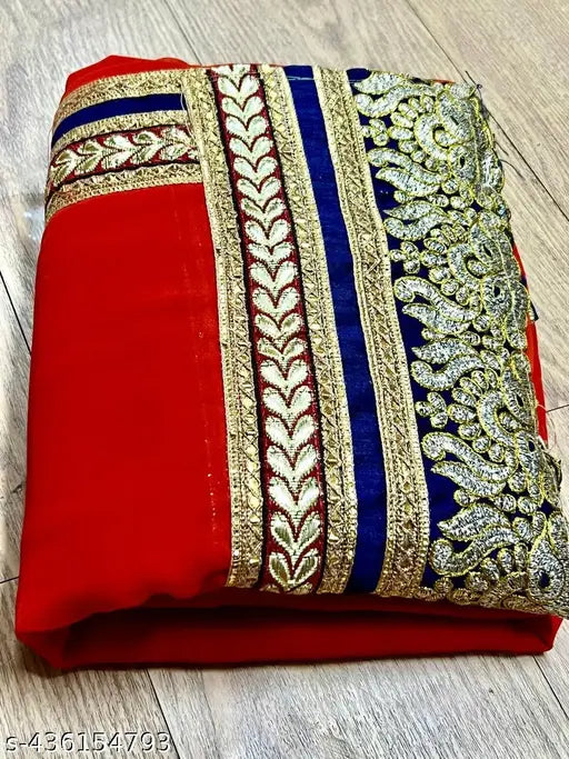 Blue-bordered red embroidered saree with matching blouse, Georgette fabric