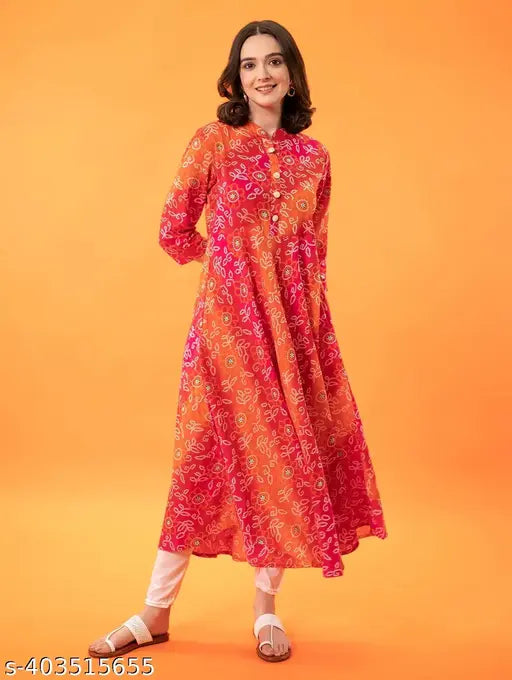 Orange cotton Bandhani print Anarkali kurta, short sleeves