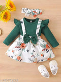 Green modal kids' round neck frock dress, printed net design, long sleeves, sizes 6-12 months to 4-5 years. Indian ethnic winter wear for baby girl or boy