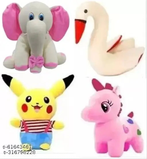 Pink animal combo: elephant, swan, Pikachu, unicorn soft toys (4pcs), 26 cm long, suitable for kids ages 0-2, MPR Enterprises