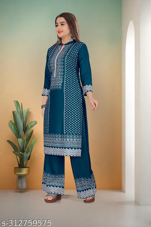 Rayon Women's Printed Fancy Kurta Set with Palazzos - Three-Quarter Sleeve, India