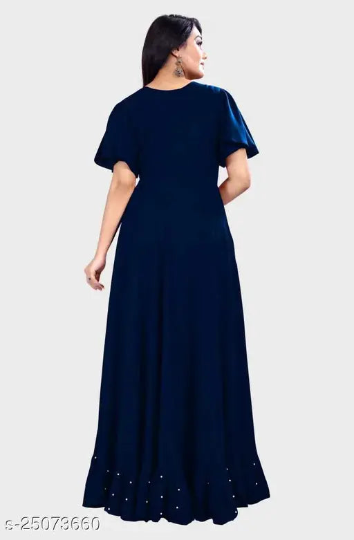 Blue embellished net rayon gown for women, available in sizes S, M, L, XL, XXL. Made in India