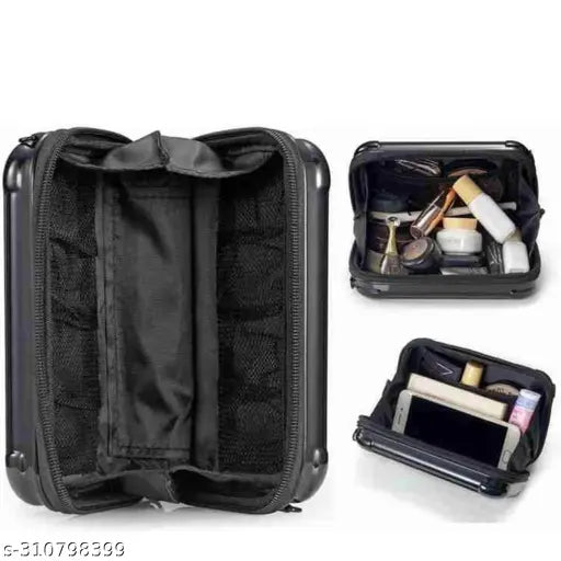A black, zippered makeup bag with a clear plastic front pocket and multiple cosmetic applicators