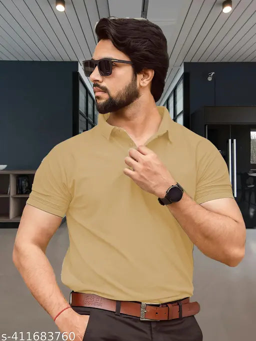 Artful Charms khaki polo dot knit cotton blend t-shirt with collar for men and women, short sleeves solid design