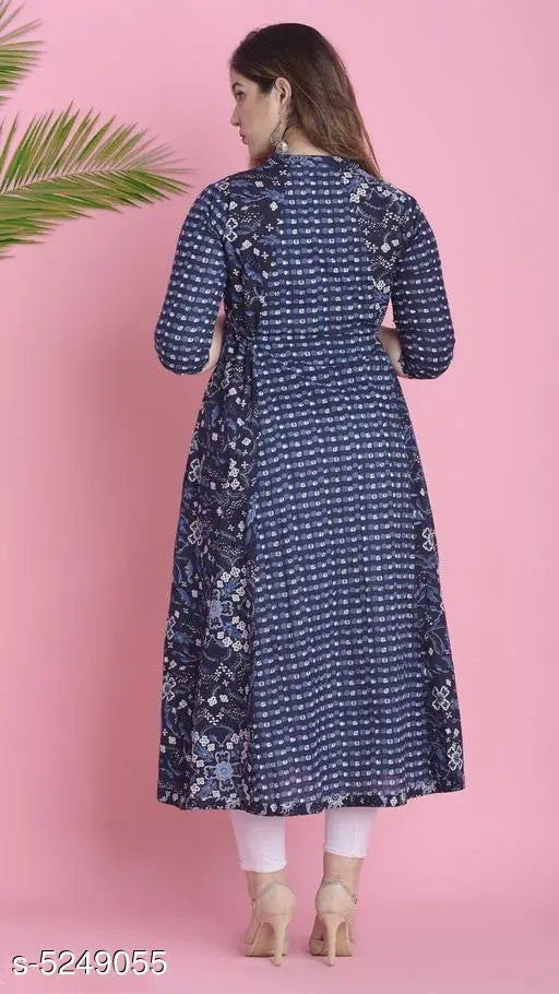 Cotton floral printed panel kurti for women, three-quarter sleeves, Indian handloom fashion