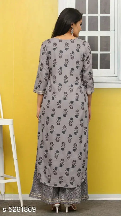 Rayon printed kurta with palazzos, three-quarter sleeves, vibrant Indian fashion