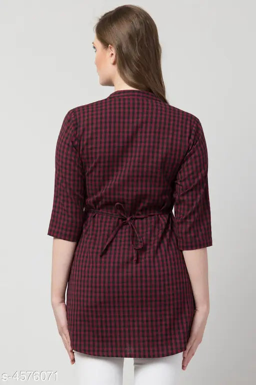 Maroon printed cotton top, three-quarter sleeves, checked pattern, Indian cotton tunic for women's fashion