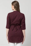 Maroon printed cotton top, three-quarter sleeves, checked pattern, Indian cotton tunic for women's fashion