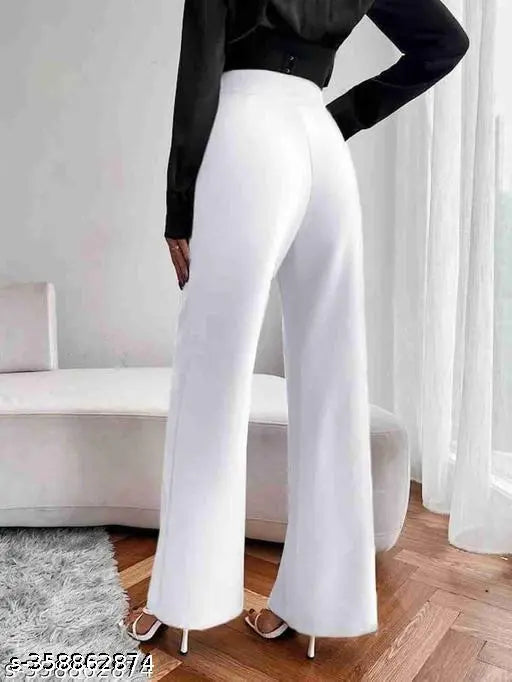 White polyester blend casual pants, high waist, 38 inches length