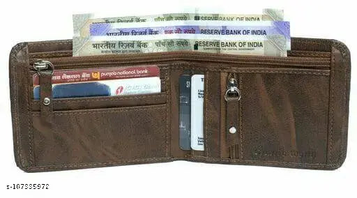 Brown faux leather trendy men's wallet with stitching detail, 3 compartments for cards, currency, and essentials. Made in India