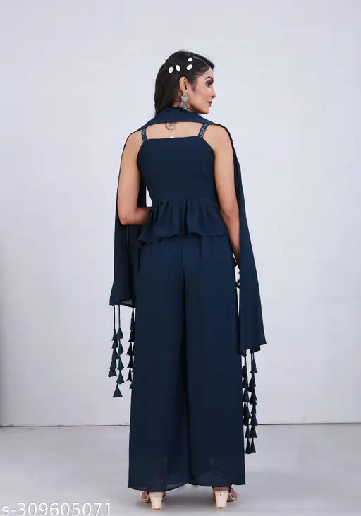 Embroidered peplum crop top with tassel sleeves and palazzo pants
